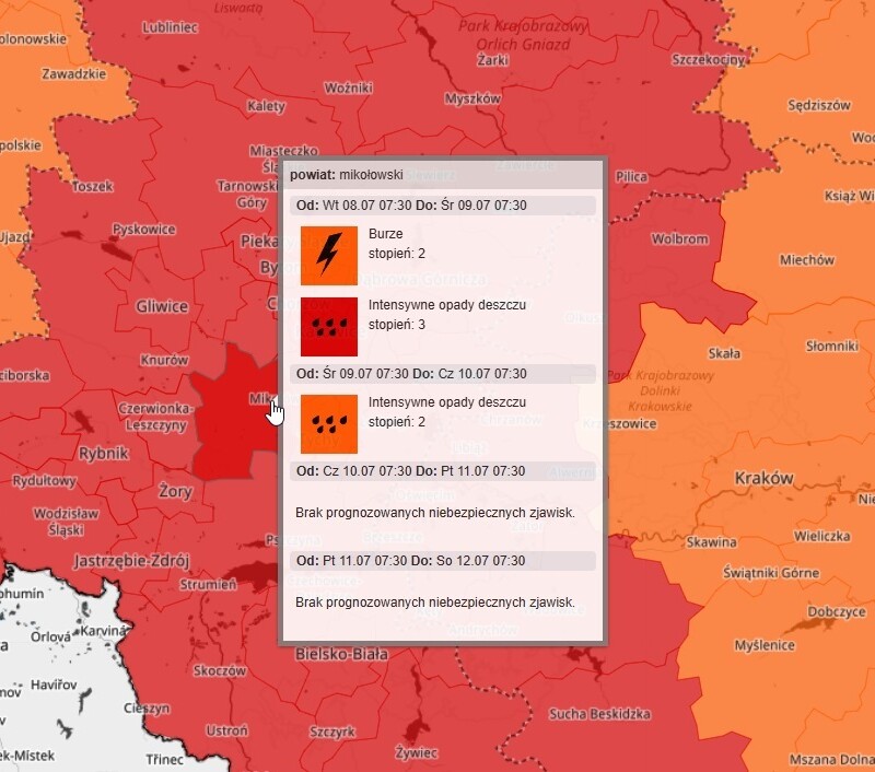Ostrzeżenia meteorologiczne dla powiatu mikołowskiego – burze i intensywne opady deszczu